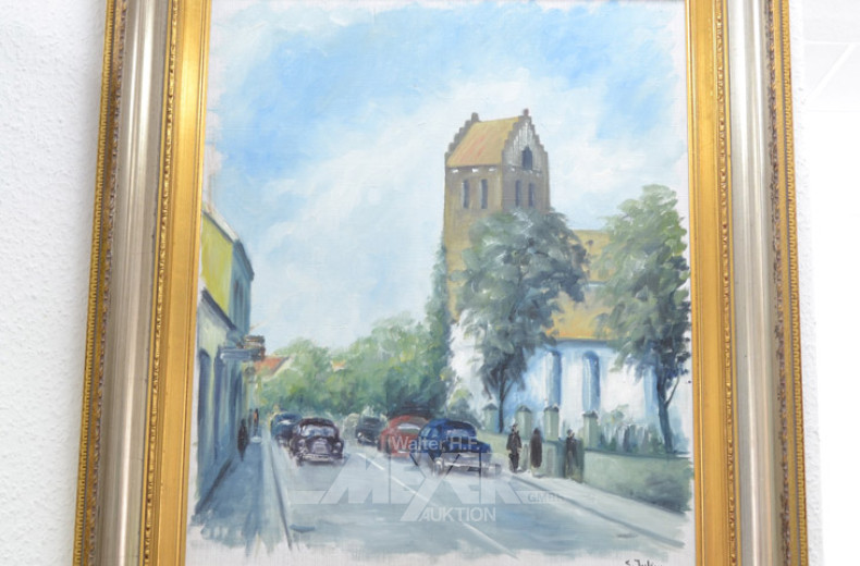 Gemälde, ''Autos vor Kirche'',