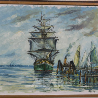 Gemälde, ''Großsegler im Hafen'',