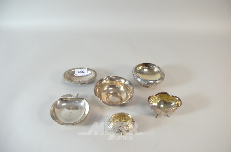 6 versch. Gewürzschälchen, Silber,