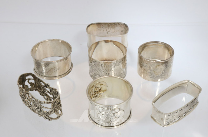7 versch. Serviettenringe, Silber,