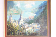 Gemälde ''Rheinlauf mit Dorfansicht''