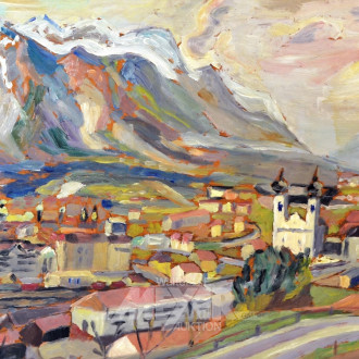 Gemälde ''Dorfansicht vor Gebirge''