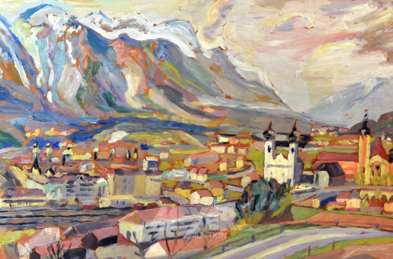 Gemälde ''Dorfansicht vor Gebirge''