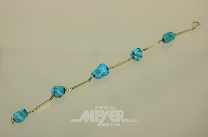 Armband, 585er GG, mit 5 Türkisen