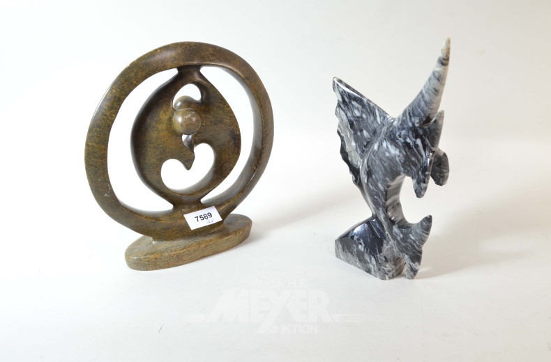 2 versch. Skulpturen ''Schwertfisch und