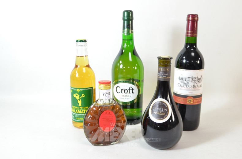 5 Flaschen Alkohol: Rotwein, Sherry