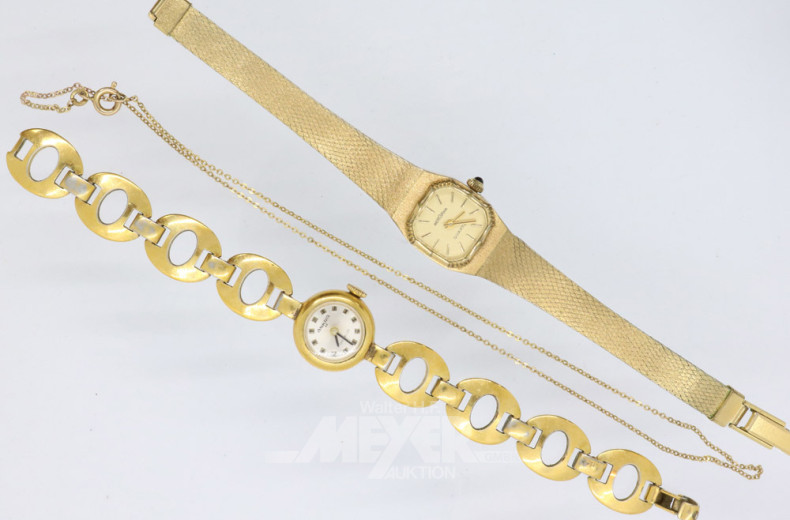2 Damenarmbanduhren, 1 Kette 333er GG