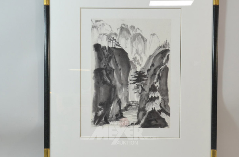 Druck ''Brücke vor Gebirgsmassiv''