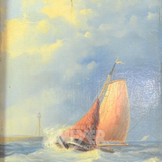 kl. Gemälde ''Segelboot vor Küste''