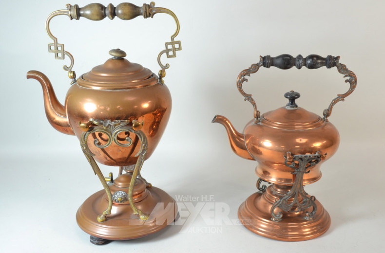 4 Teile Kupfer: 3 Teekannen mit Stövchen,