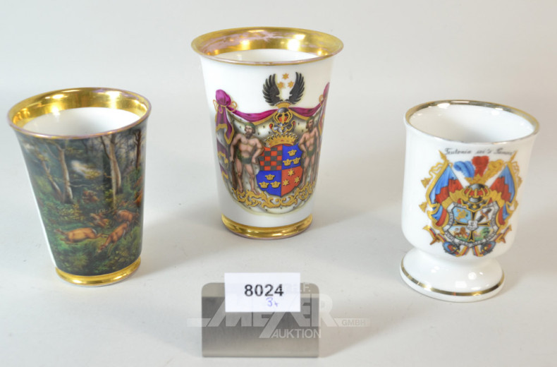 3 Porz.-Becher, u.a. mit Wappen