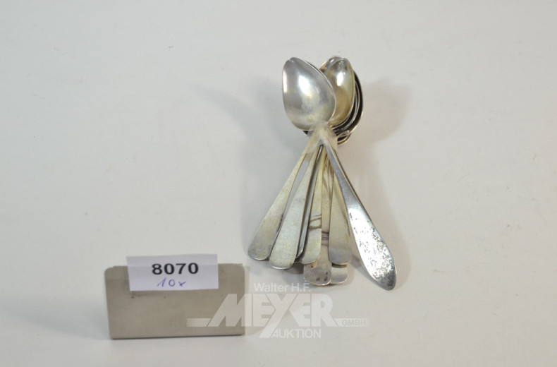 10 Kaffeelöffel, Silber, versch. Dekore