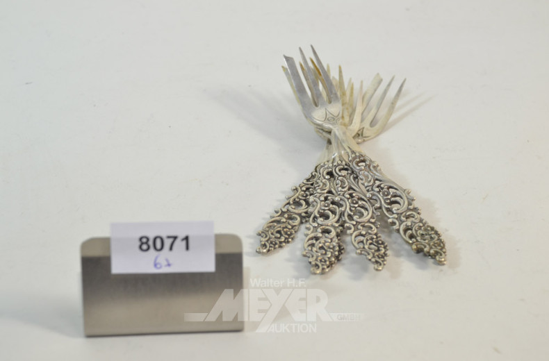 6 Kuchengabeln, Silber, zus. ca. 114 g.