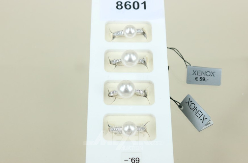 4 Damenringe, Silber, mit Perle