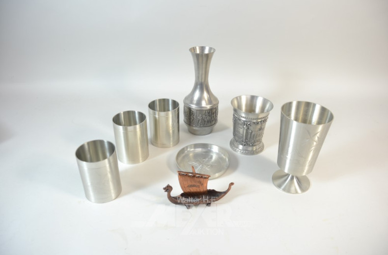 7 Teile Zinn und 1 Wikingerschiff, Kupfer