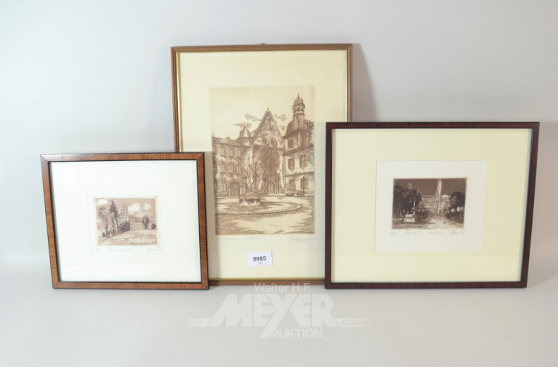 3 kl. Radierungen ''Potsdam, Koblenz,