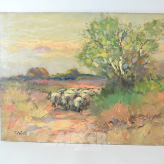 Gemälde ''Heidelandschaft mit Schafherde''