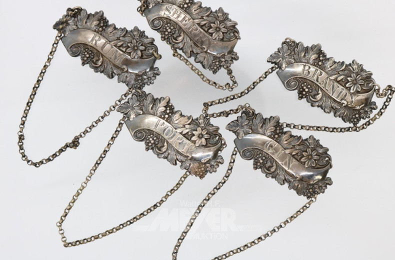 5 versch. Flaschenanhänger, 925er Sterling