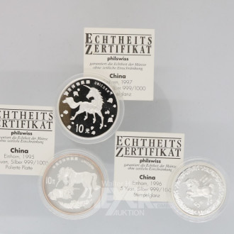 3 Münzen (China), Einhorn, Silber,