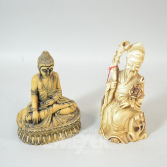 2 Hornschnitzereien ''Mönch und Buddha''