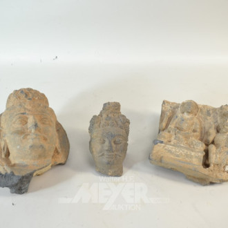 3 Steinreliefs ''Buddhas, Köpfe''