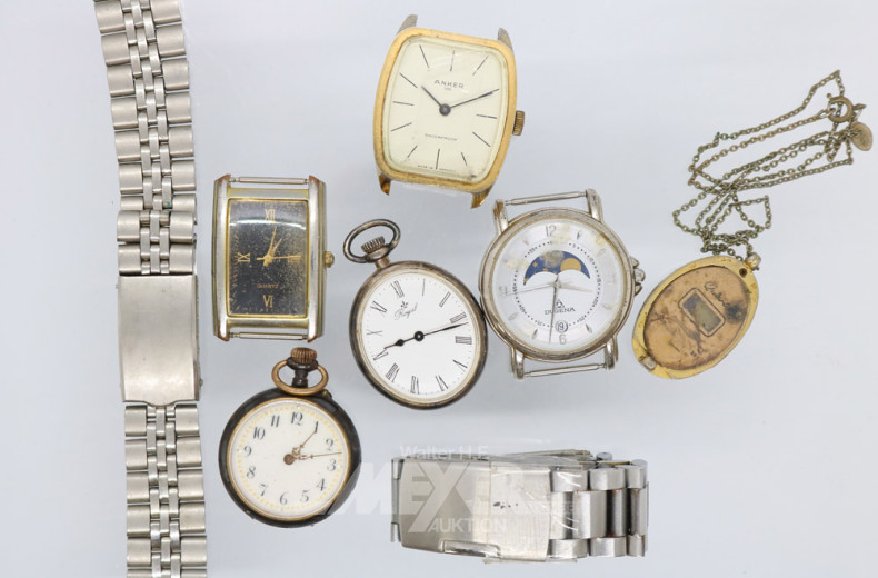 6 Armbanduhren ohne Band, 2 Armbänder