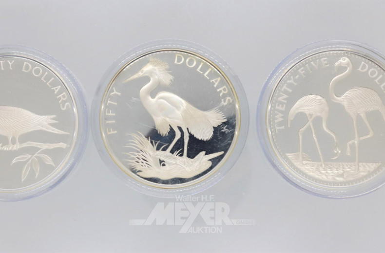 3 Silbermünzen 5 + 25 Dollar, 1985
