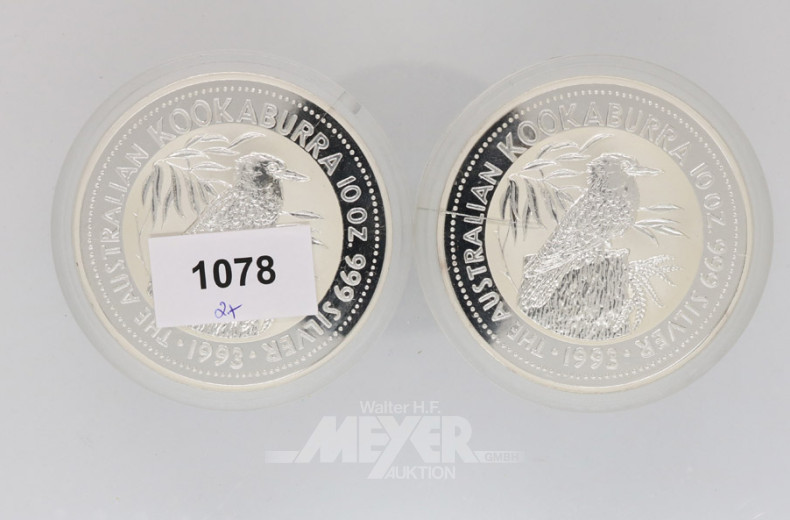 2 Münzen 10 Dollar, a´348 g, 999er