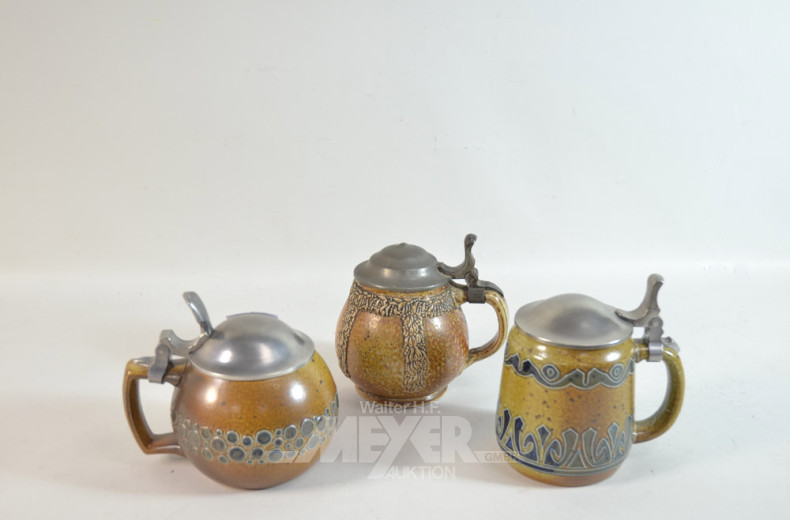 6 Keramik Bierkrüge, mit Zinndeckel