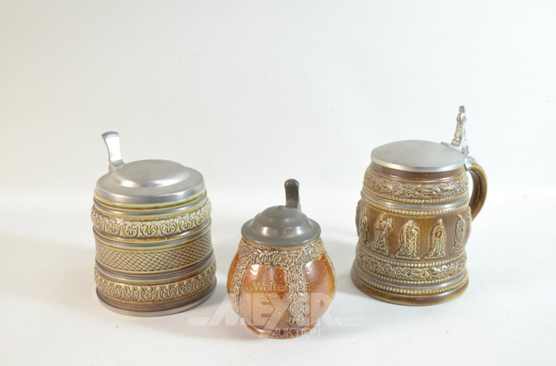 6 Keramik Bierkrüge, mit Zinndeckel