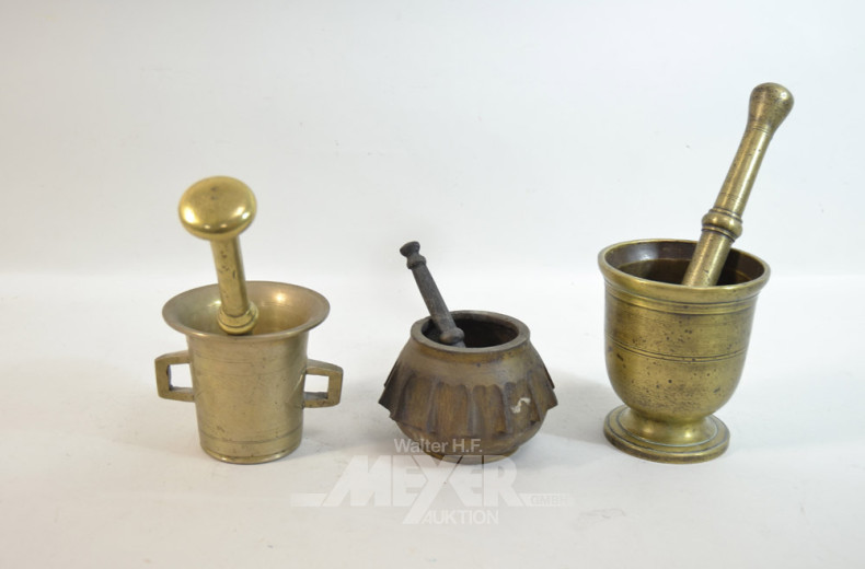 3 Mörser tlw. Messing, mit Stößel