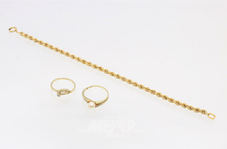 Kordelarmband, 333er GG, 2 Ringe 333er