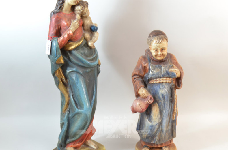 2 versch. Holzschnitz-Figuren, farbig