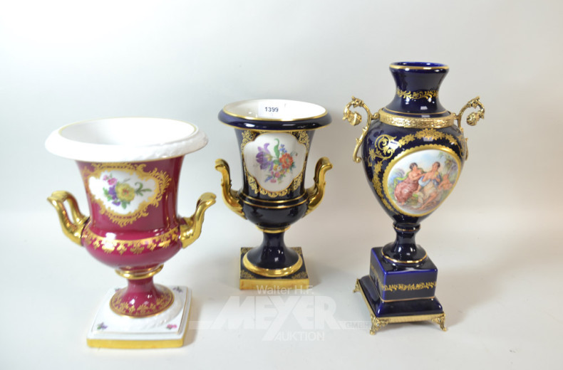 3 versch. Porz.-Amphorenvase