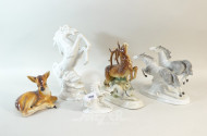 6 Porz.- Tier-Figuren: Pferde, Hirsch,
