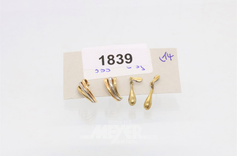 2 Paar Ohrringe, 333er GG, ca. 3 g.