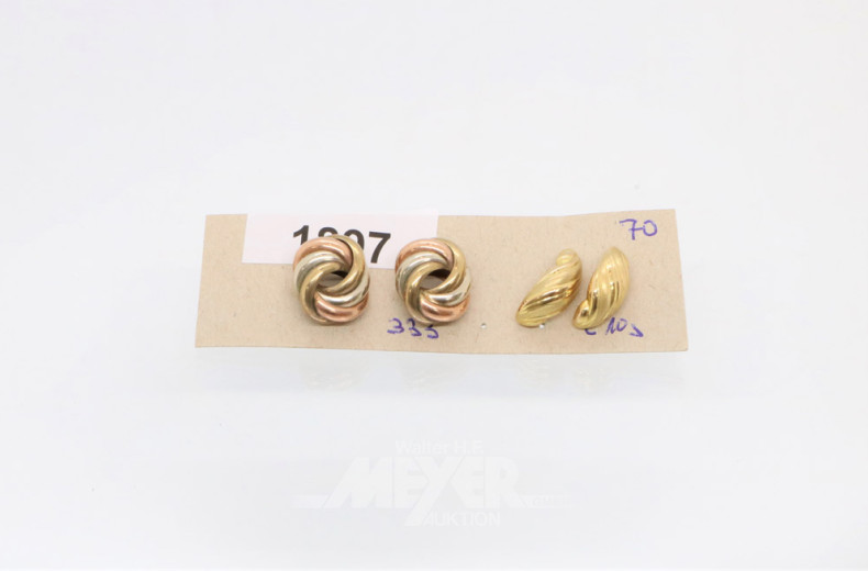 3 Paar Ohrringe, 333er GG, ca. 10 g.