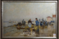 Gemälde ''Holl. Fischmarkt am Hafen''