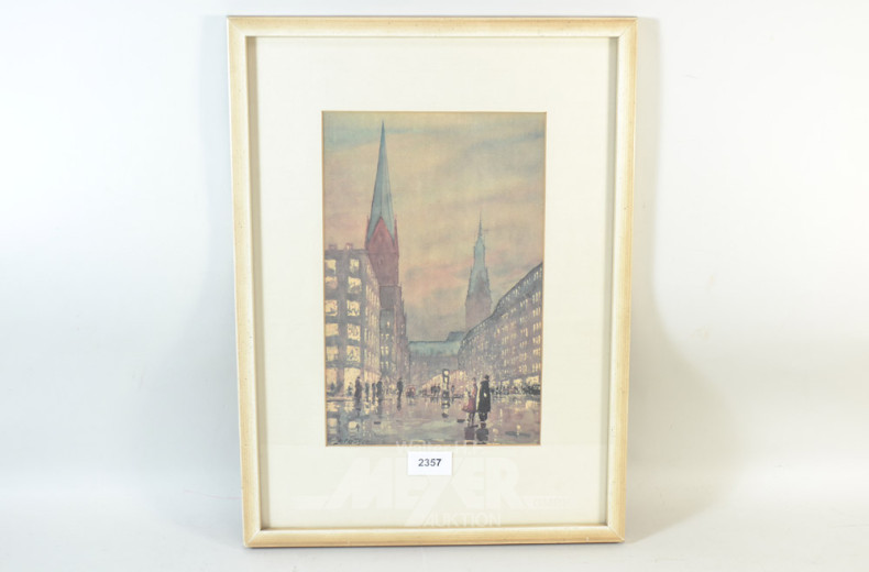 Aquarell  ''Mönkebergstrasse am Abend''
