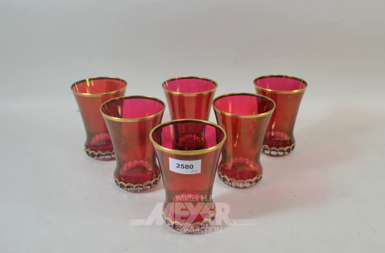 6 Rubinglas-Becher mit Vergoldung