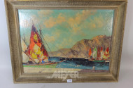 Ölbild ''Segelboote vor Gebirge''