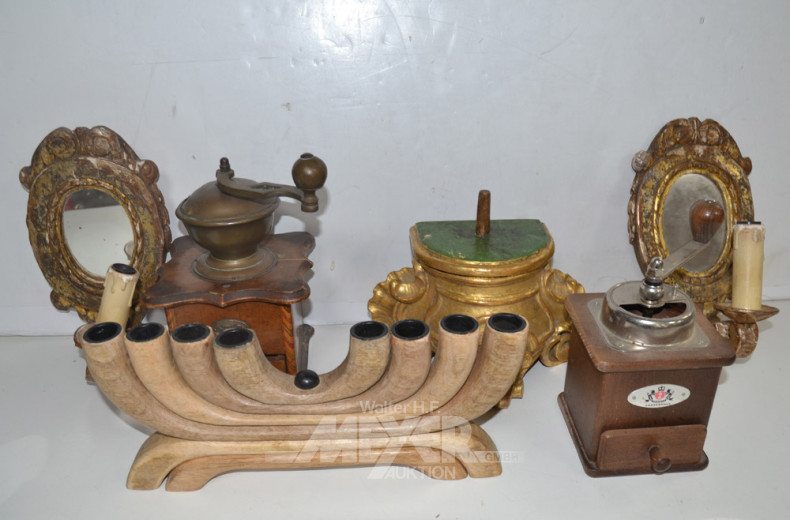 7 Holzdekorationen: kl. Wandspiegel mit