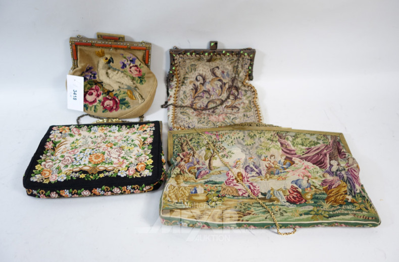 4 kl. Handtaschen mit Gobelin-Stickerei,