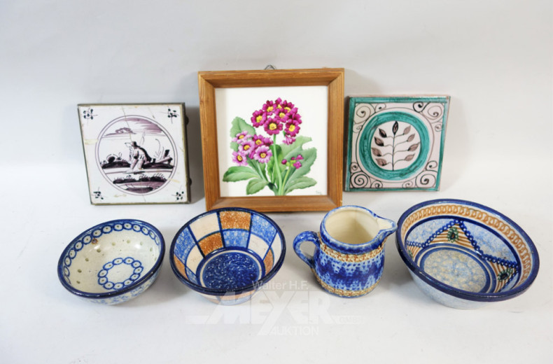 7 Teile Keramik: Kachelplatten, Schalen u.