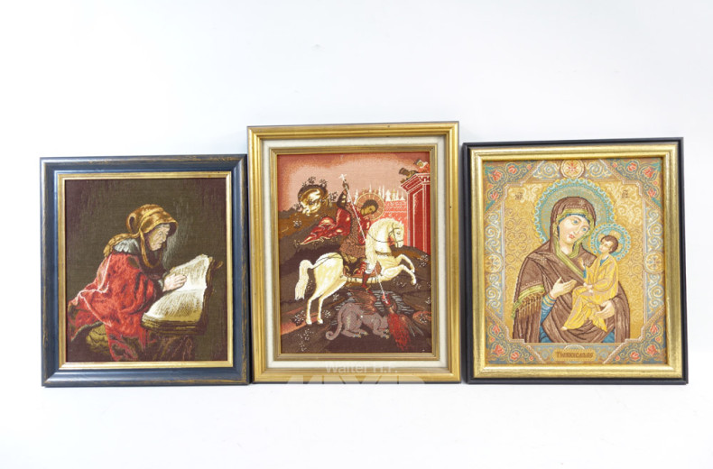 5 versch. Stickbilder ''Heiligendarstellung