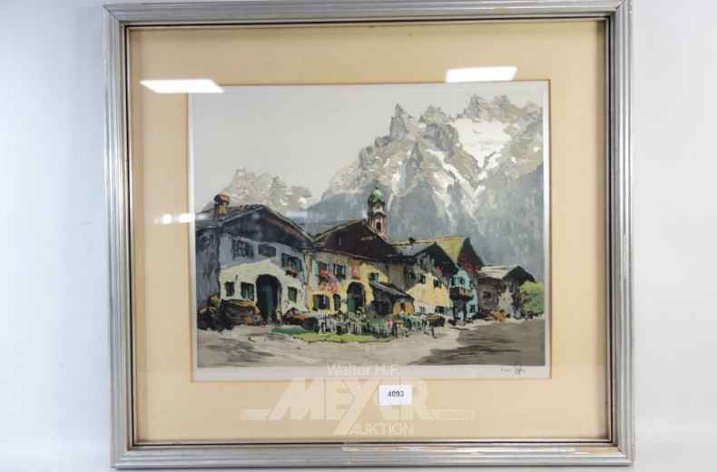 Bild ''Dorf vor Gebirgsmassiv''