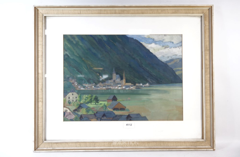 Aquarell ''Dorf am See''