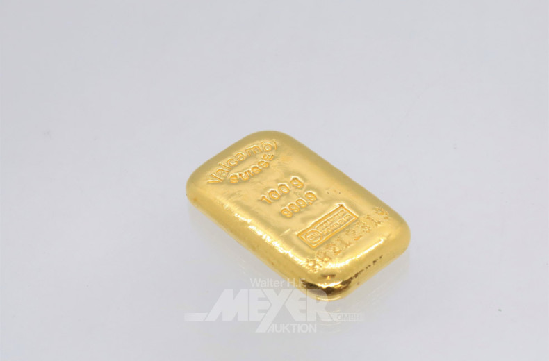 kl. Goldbarren 999,9, 100 g, gegossen,