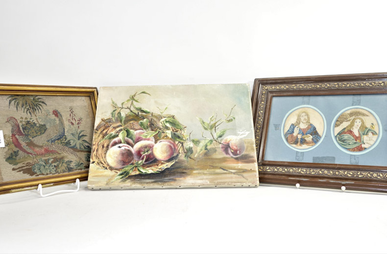 2 alte Stickbilder und 1 Gemälde,