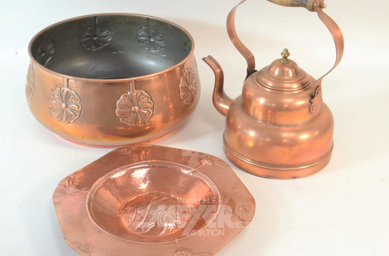4 Kupfer Dekorationen: Wasserkessel, Krug,